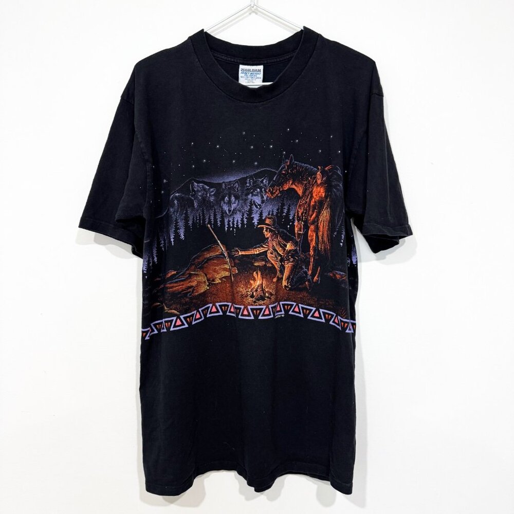 Vintage 1990s Habitat Cowboy Wolf Mountain Nature T-shirt Wrap Around AOP Size L